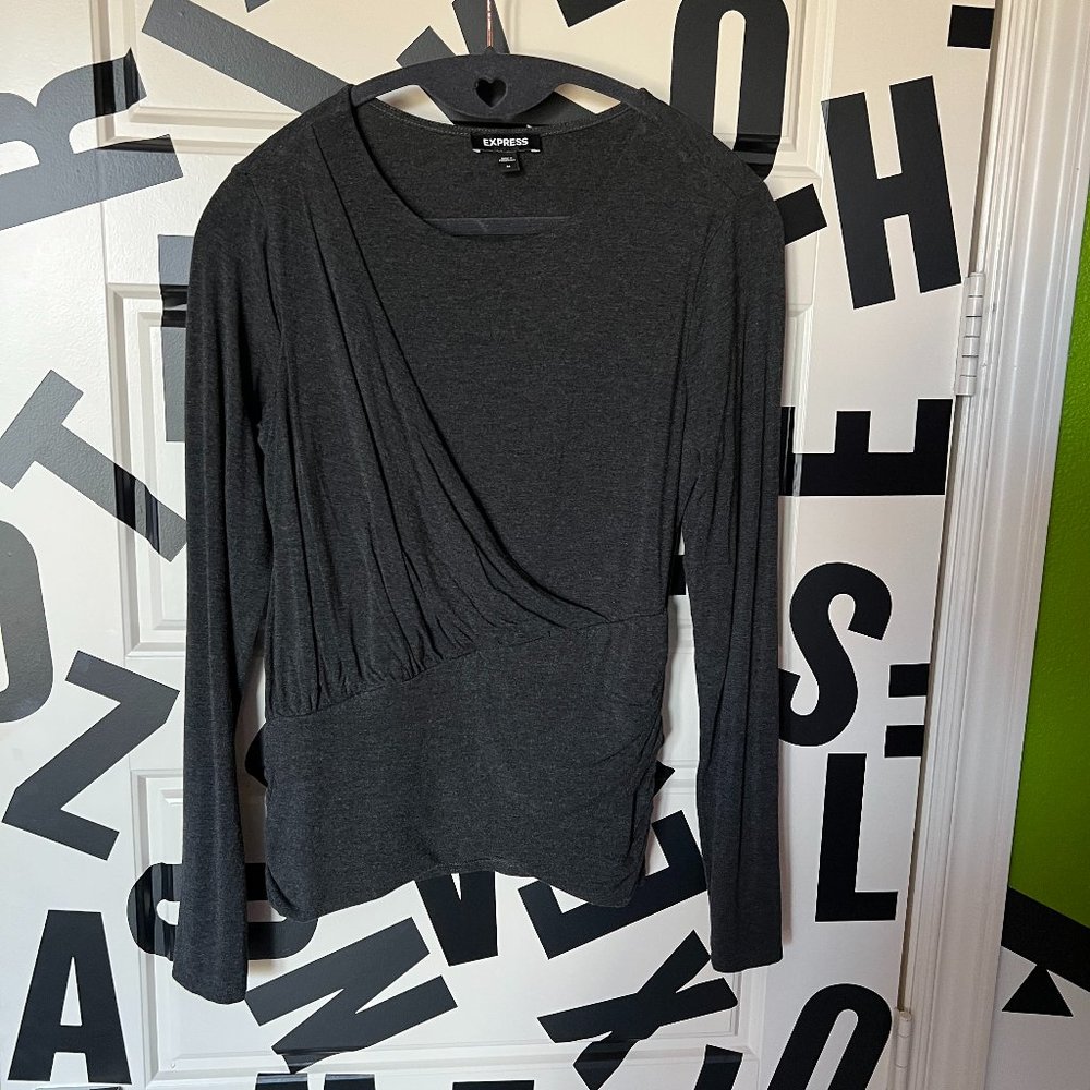 Express Pullover Top Shirt Heather Gray Long Sleeve Twisted Front